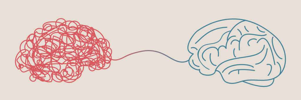 Drawing of two brains connected one looks scrambled the other sorted